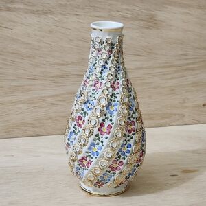 Ornate Floral Ceramic Vase with Gold Detailing